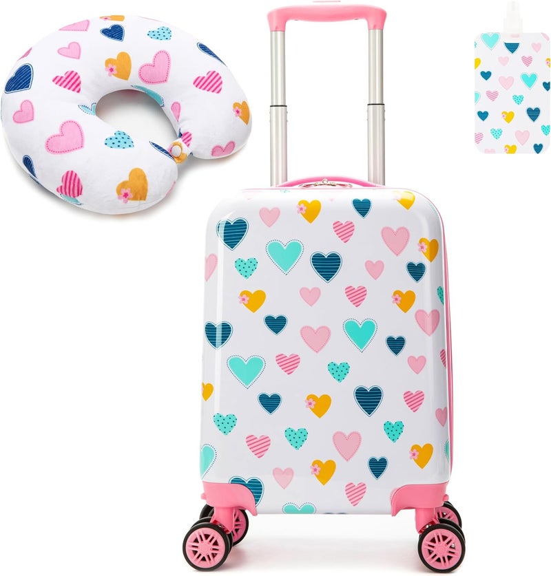 Esteemly Kid's Luggage Set 2 Piece Suitcase Set Hardside Luggage with Spinner Wheels Girls Carry on Toddler Travel Rolling Suitcase with Neck Pillow Airline Approved - Image 1